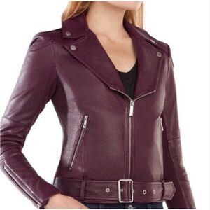 Bcbg Maxazria Solid Burgundy Red Genuine Leather Long Sleeve Moto Jacket Xs